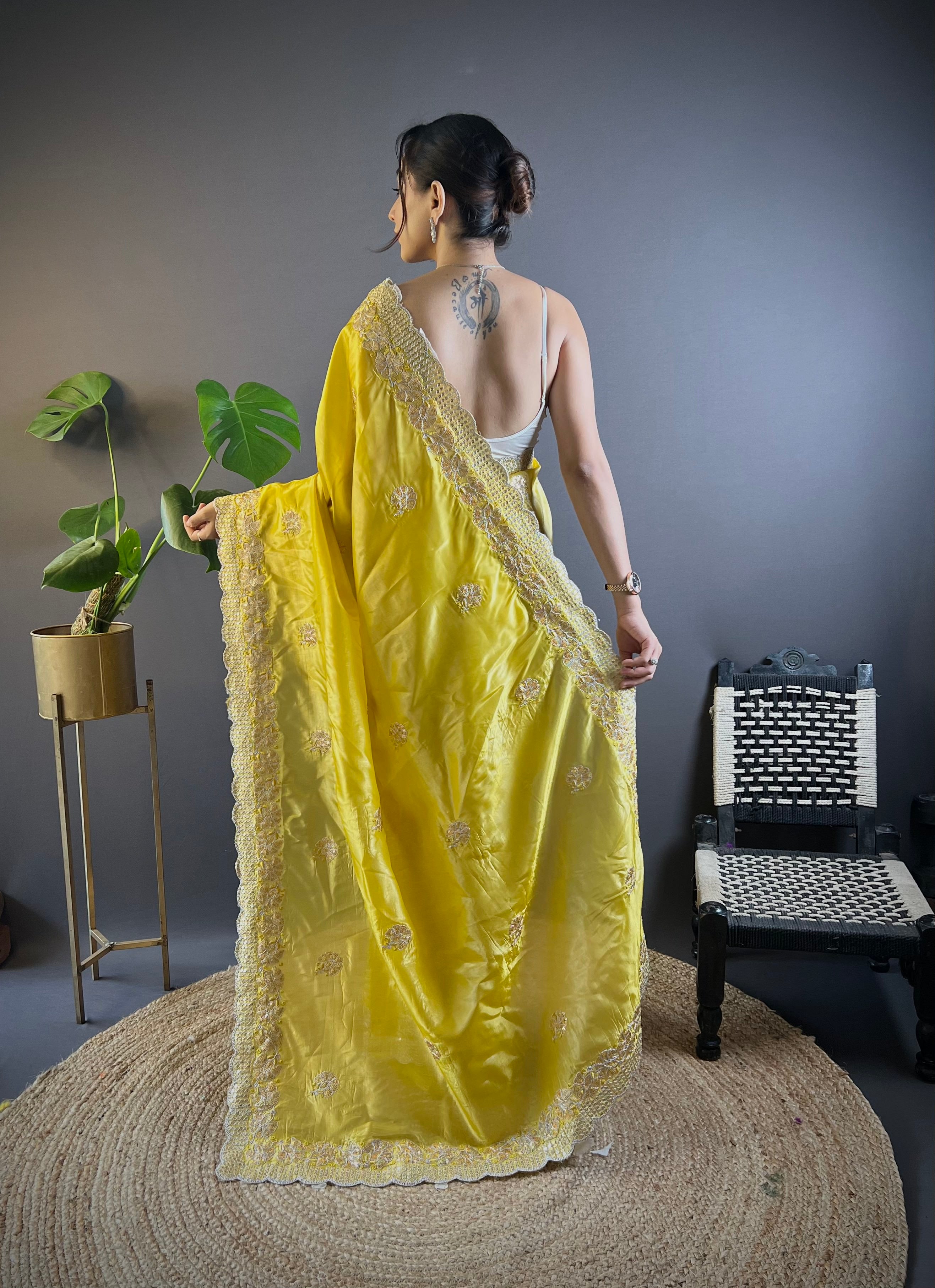 Yellow Gold Crunchy Saree With Sequins Embroidery And Cut Work