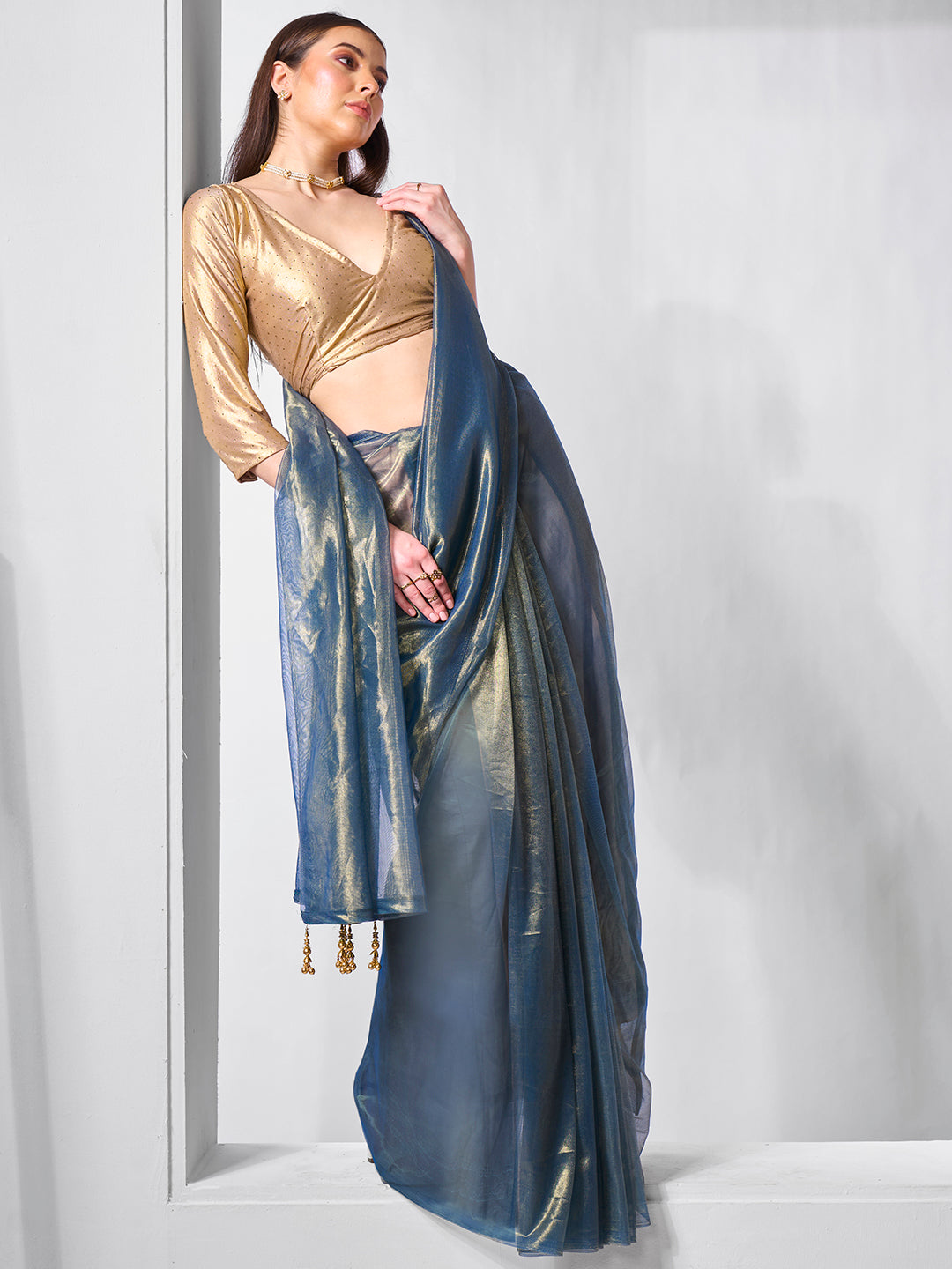 Blue Gold Tissue Net Solid Texture Saree With Graceful Gold Cotted
