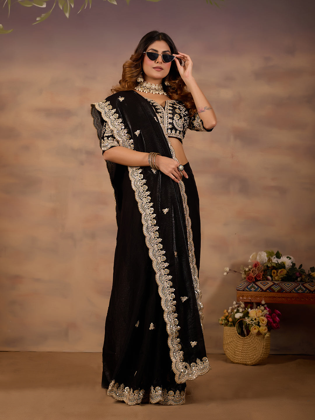 Black Satin Silk Party Wear Saree With Rich Sequins Work