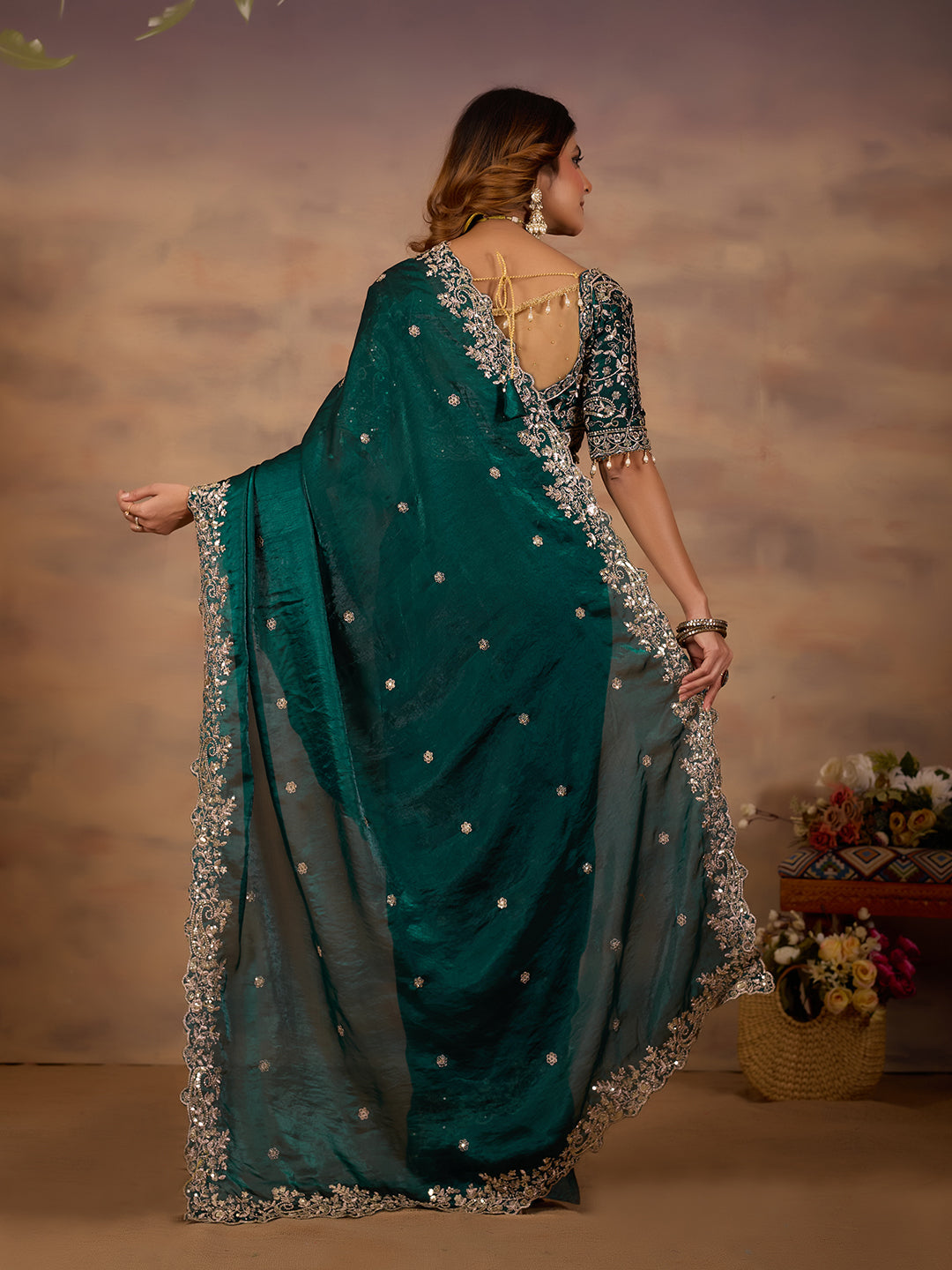 Rama Green Satin Silk Designer Saree With Embroidery Work