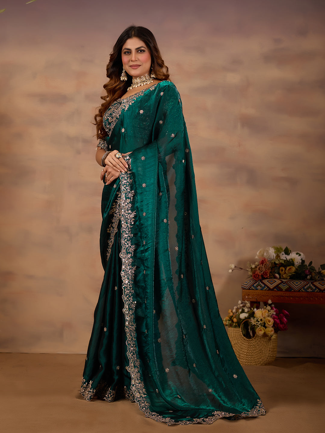 Rama Green Satin Silk Designer Saree With Embroidery Work