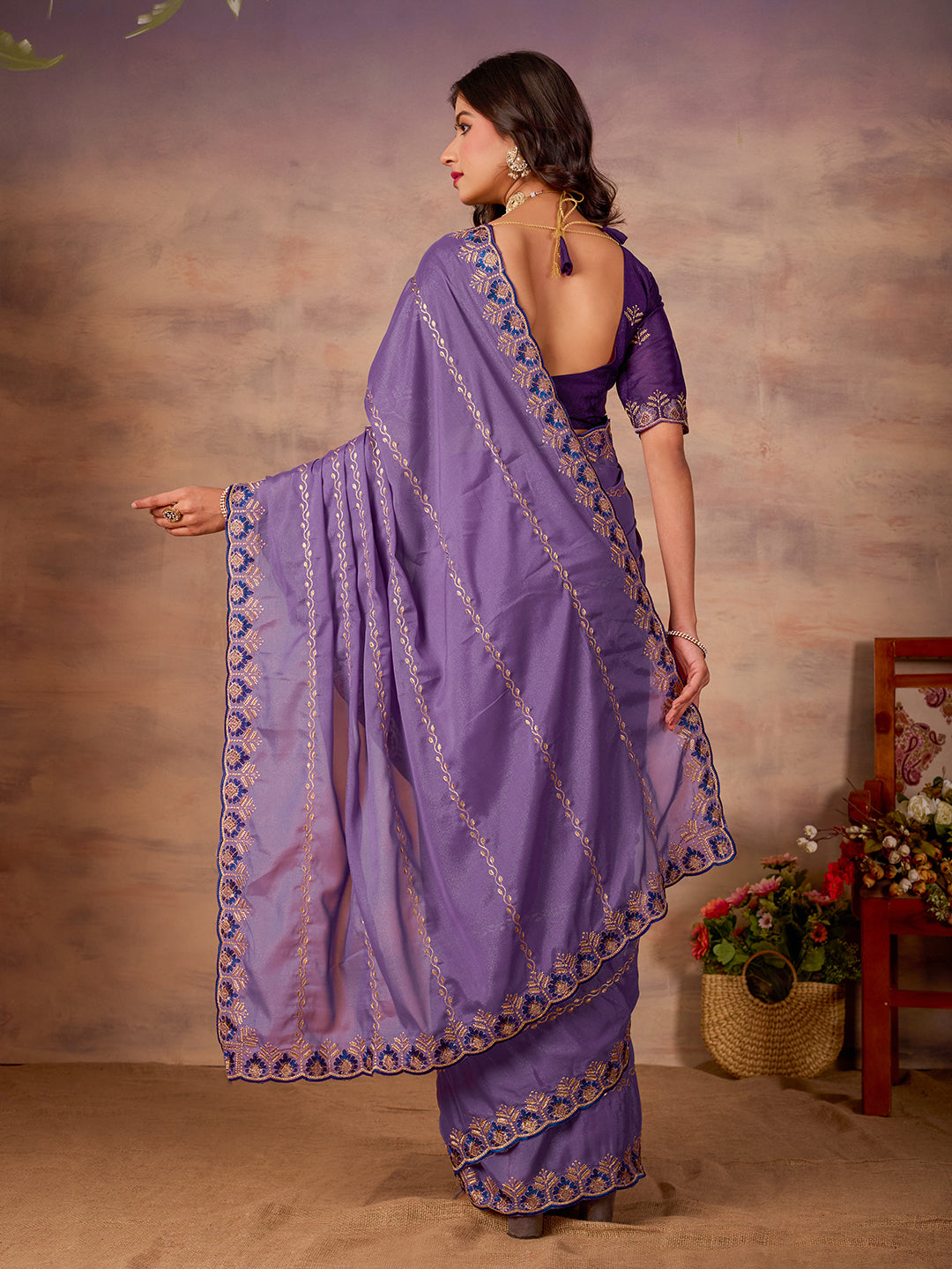 Purple Star Georgette Party Wear Saree With Sequins Work