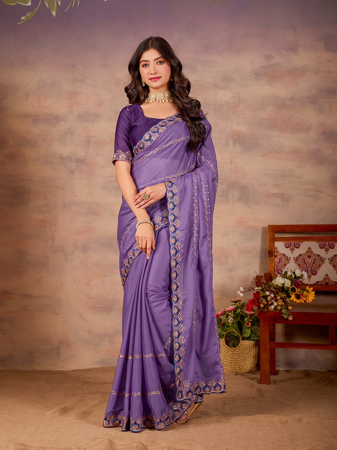 Purple Star Georgette Party Wear Saree With Sequins Work