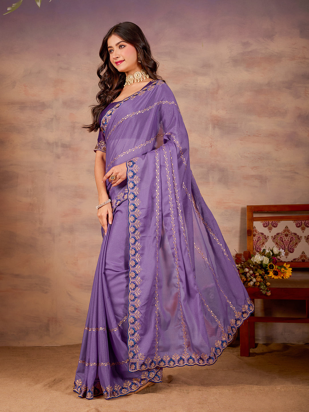 Purple Star Georgette Party Wear Saree With Sequins Work