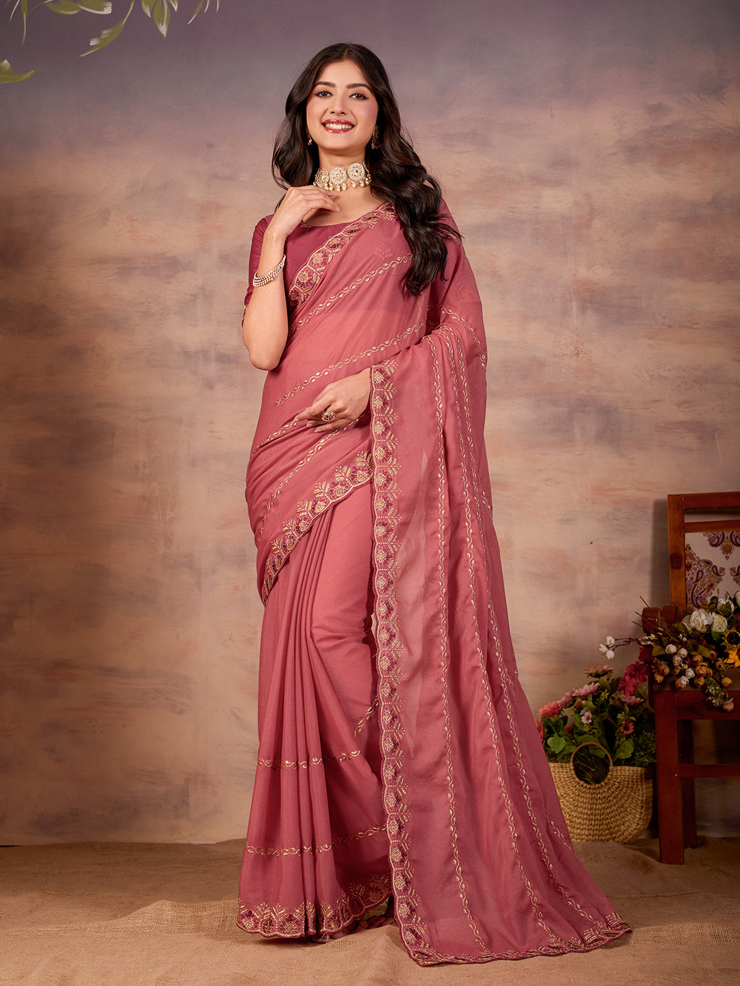 Peach Star Georgette Fancy Saree With Heavy Sequins Work