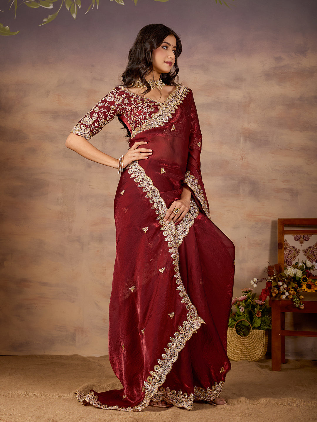 Maroon Satin Silk Royal Designer Saree With Embroidery