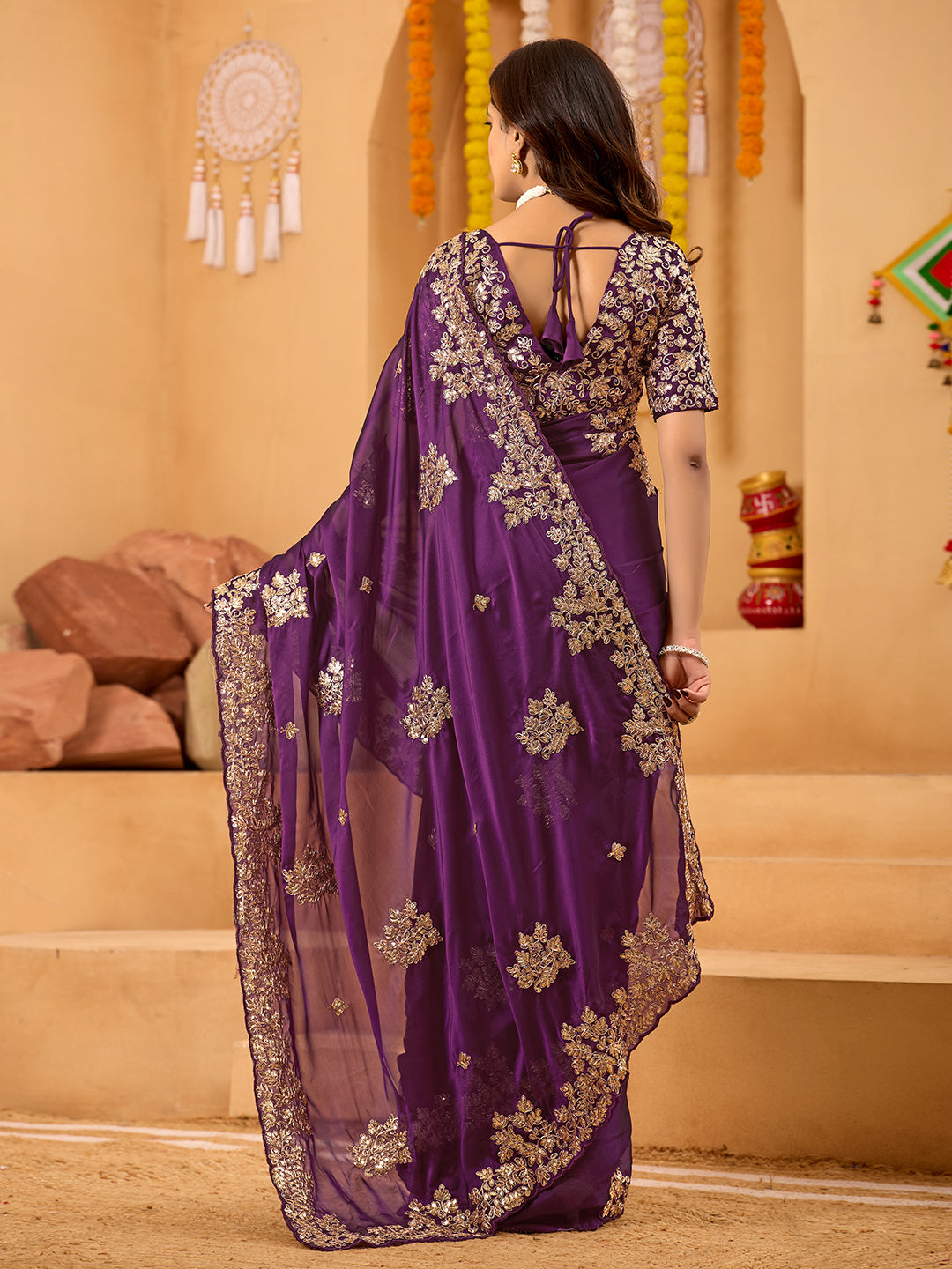 Magenta Rangoli Silk Party Wear Saree With Sequins Embroidery