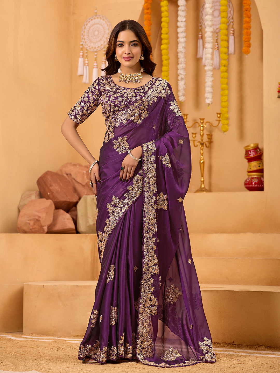 Magenta Rangoli Silk Party Wear Saree With Sequins Embroidery