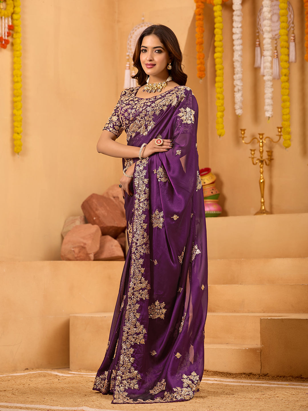 Magenta Rangoli Silk Party Wear Saree With Sequins Embroidery