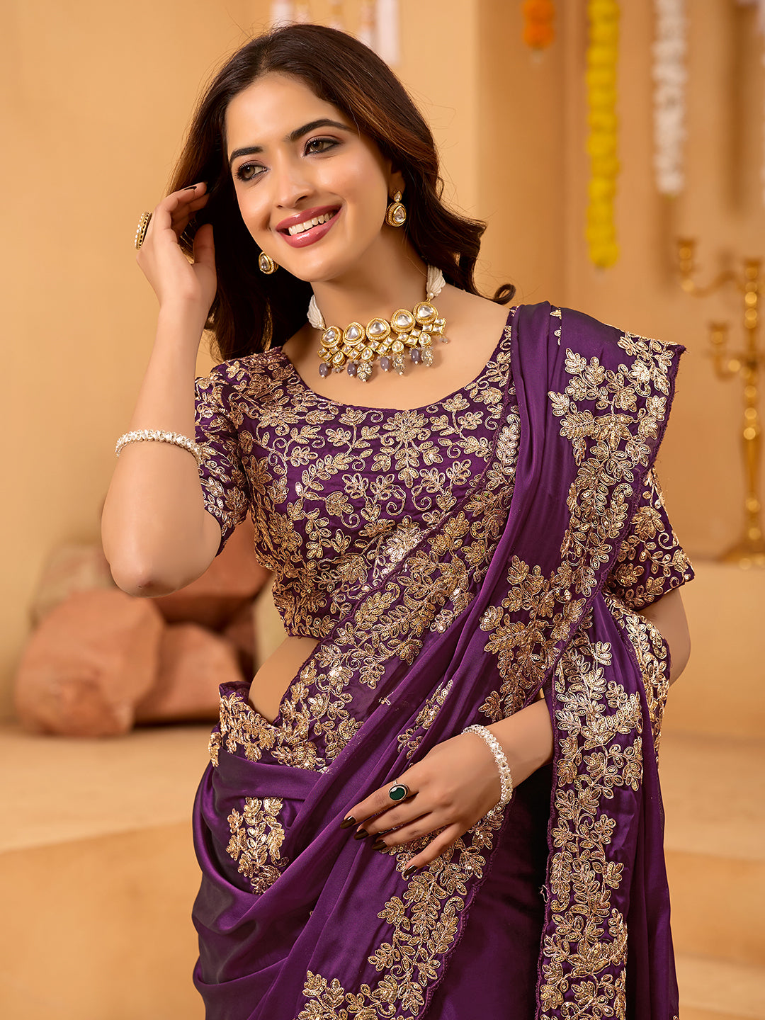 Magenta Rangoli Silk Party Wear Saree With Sequins Embroidery