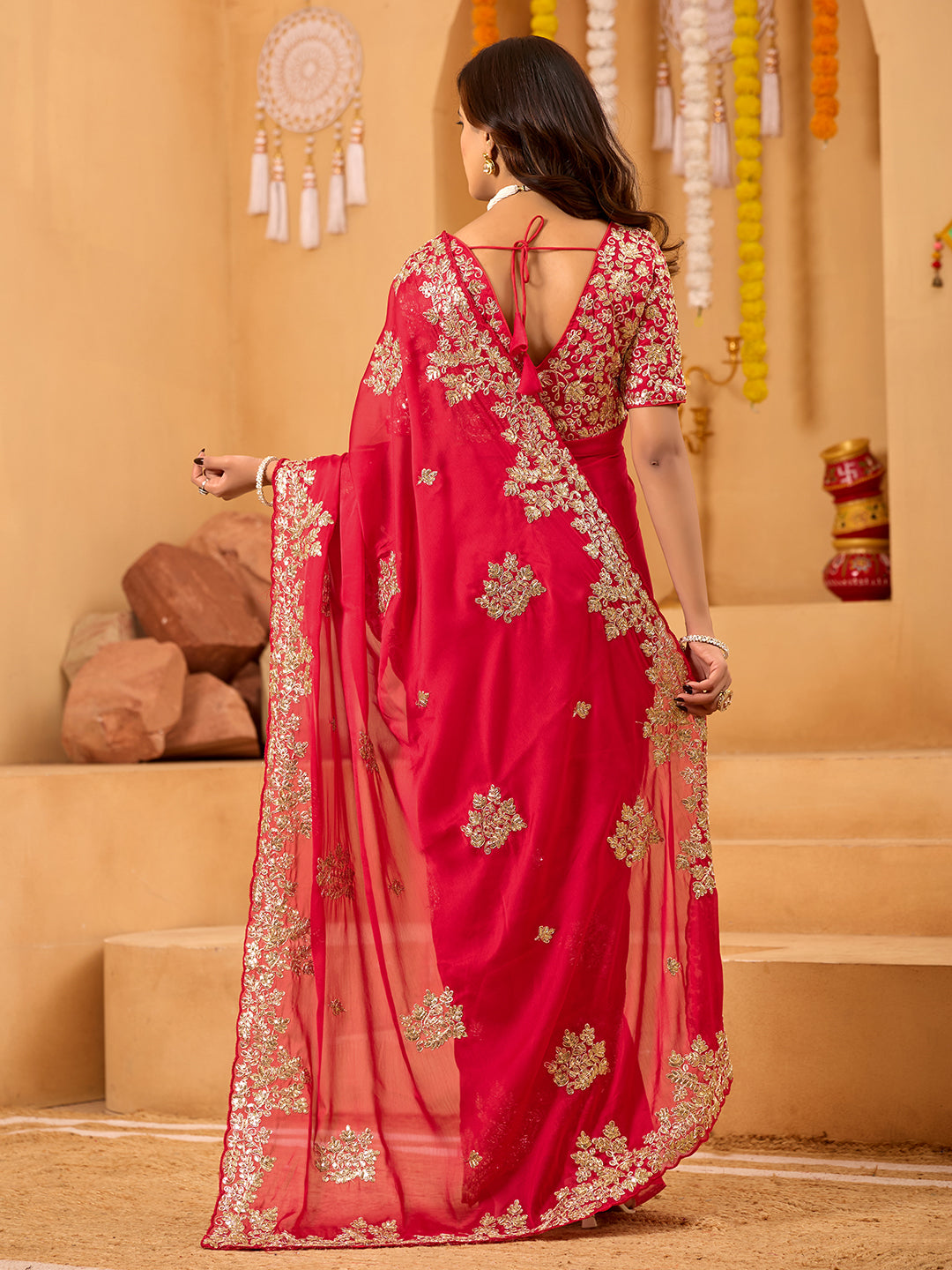 Red Rangoli Silk Bridal Saree With Heavy Sequins Embroidery