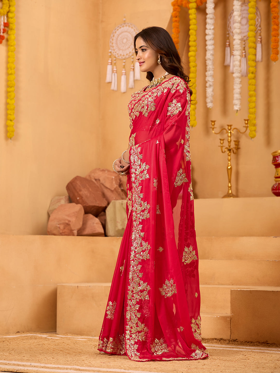 Red Rangoli Silk Bridal Saree With Heavy Sequins Embroidery
