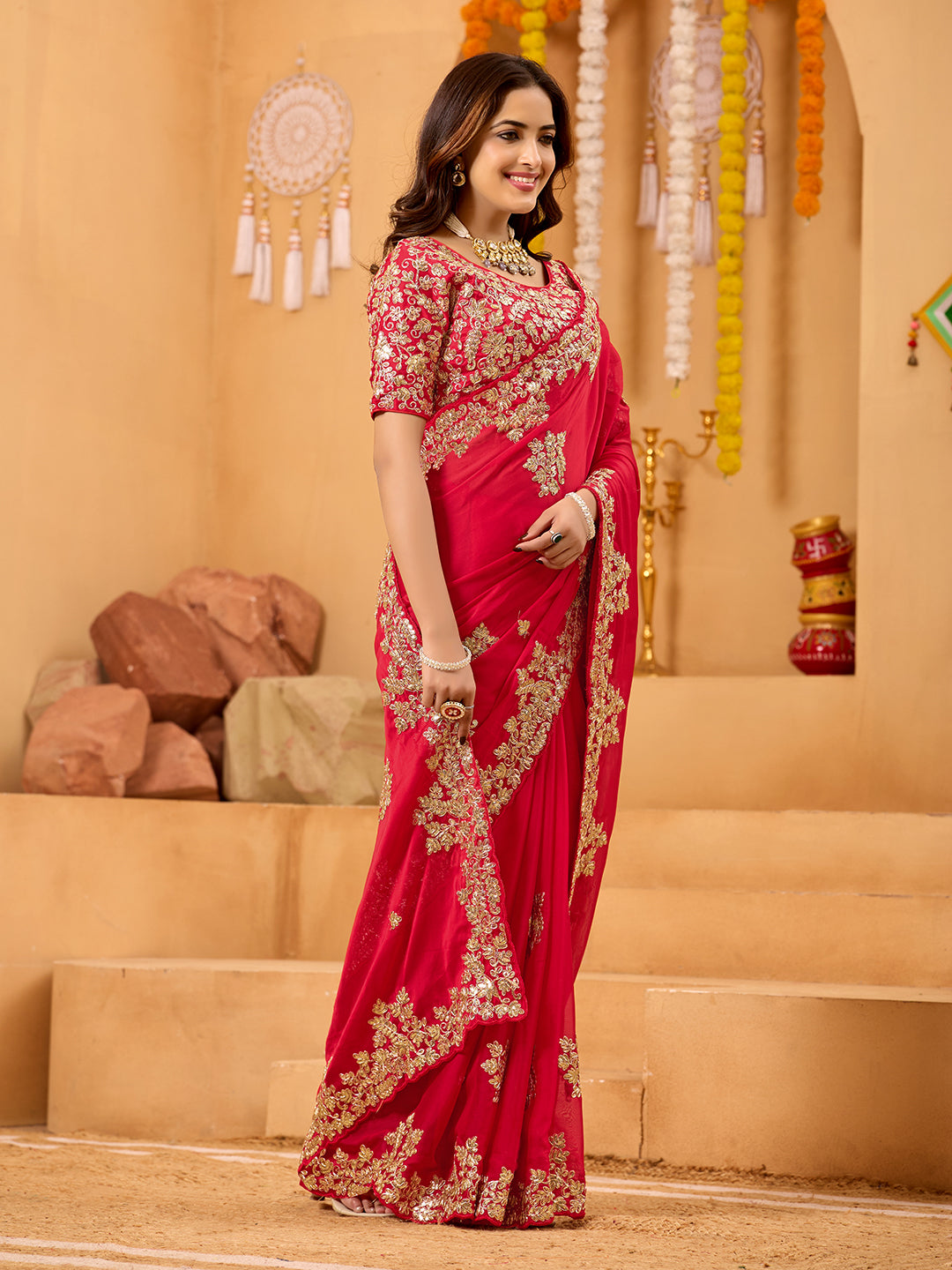 Red Rangoli Silk Bridal Saree With Heavy Sequins Embroidery
