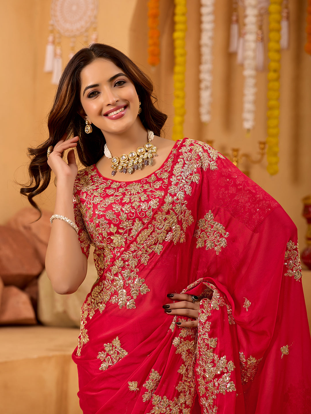 Red Rangoli Silk Bridal Saree With Heavy Sequins Embroidery