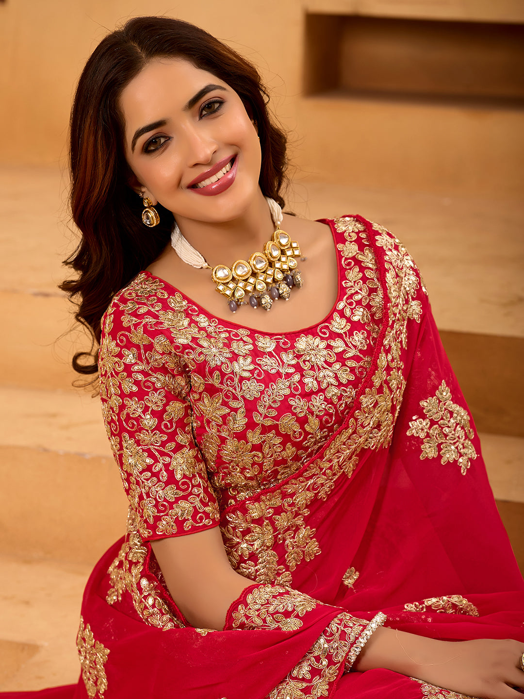 Red Rangoli Silk Bridal Saree With Heavy Sequins Embroidery