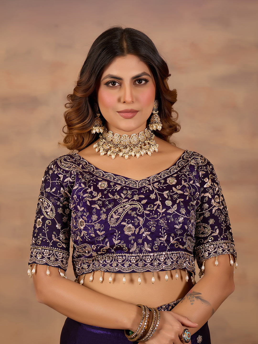 Purple Satin Silk Embroidered Wedding Wear Saree