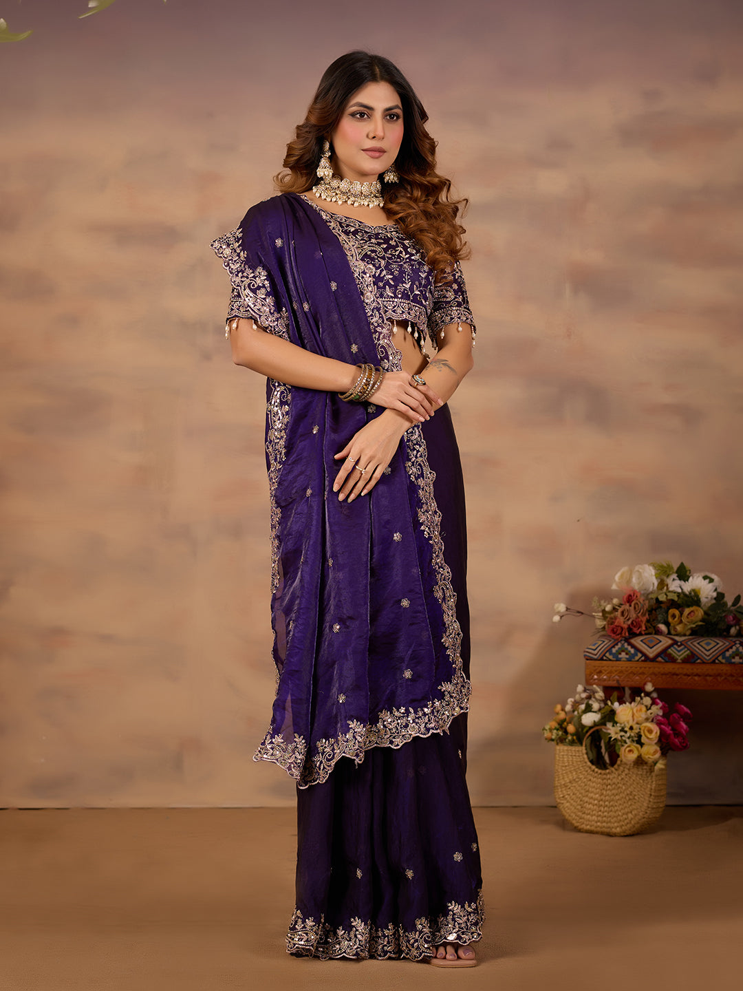 Purple Satin Silk Embroidered Wedding Wear Saree
