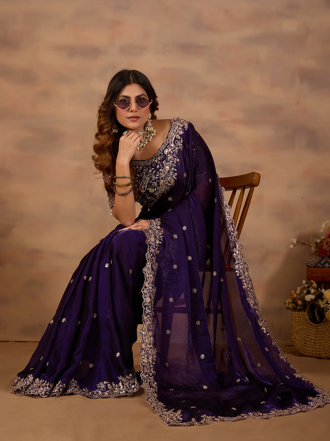 Purple Satin Silk Embroidered Wedding Wear Saree