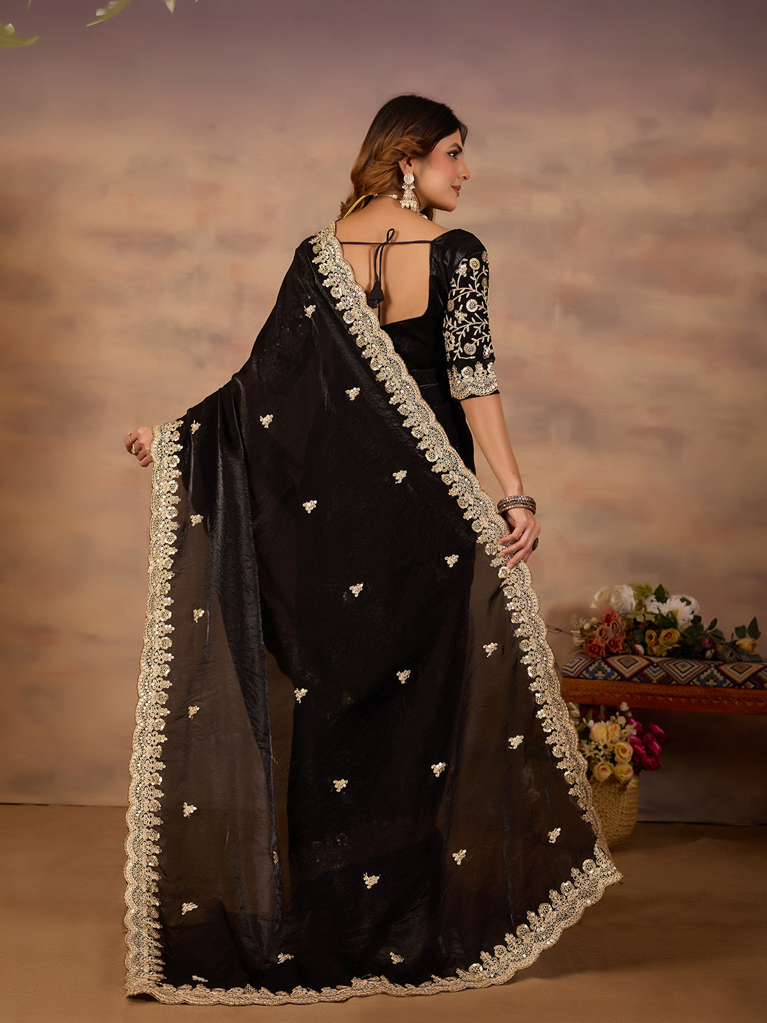 Black Satin Silk Party Wear Saree With Rich Sequins Work