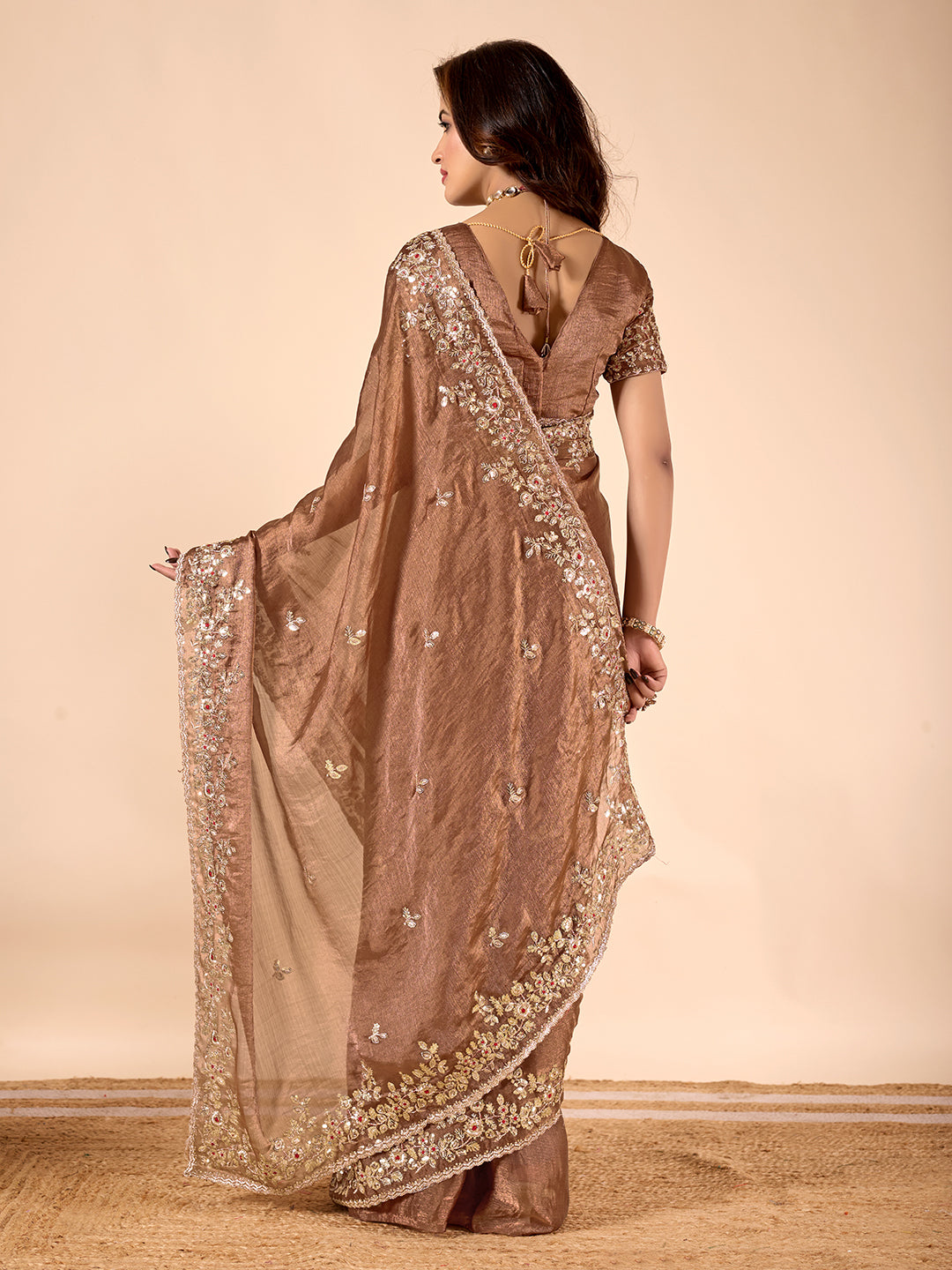 Brown Chiffon Silk Embroidered Saree With Heavy Sequins Work