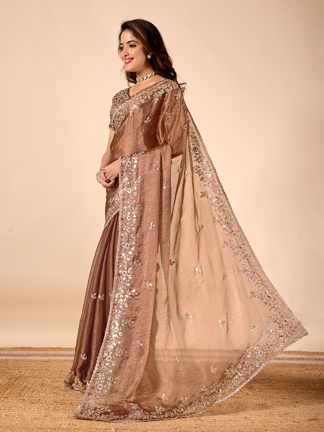 Brown Chiffon Silk Embroidered Saree With Heavy Sequins Work