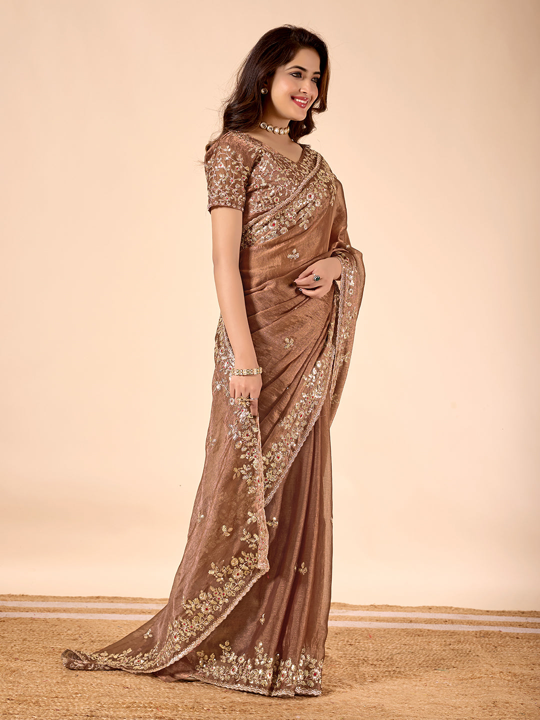 Brown Chiffon Silk Embroidered Saree With Heavy Sequins Work