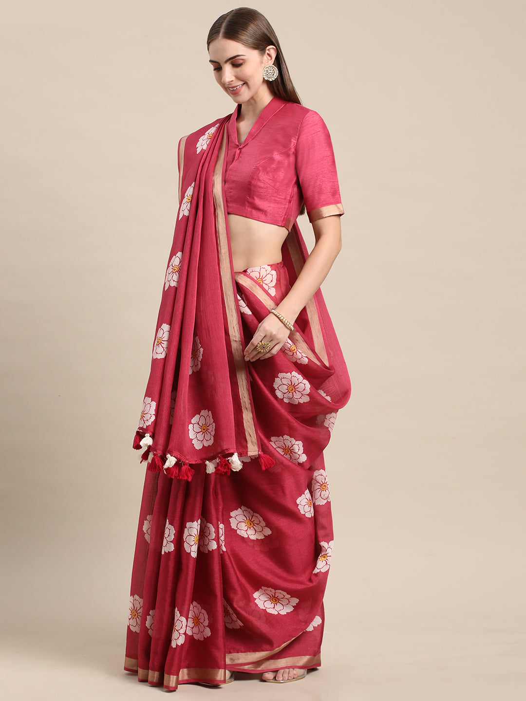 Maroon Linen Printed Casual Wear Saree