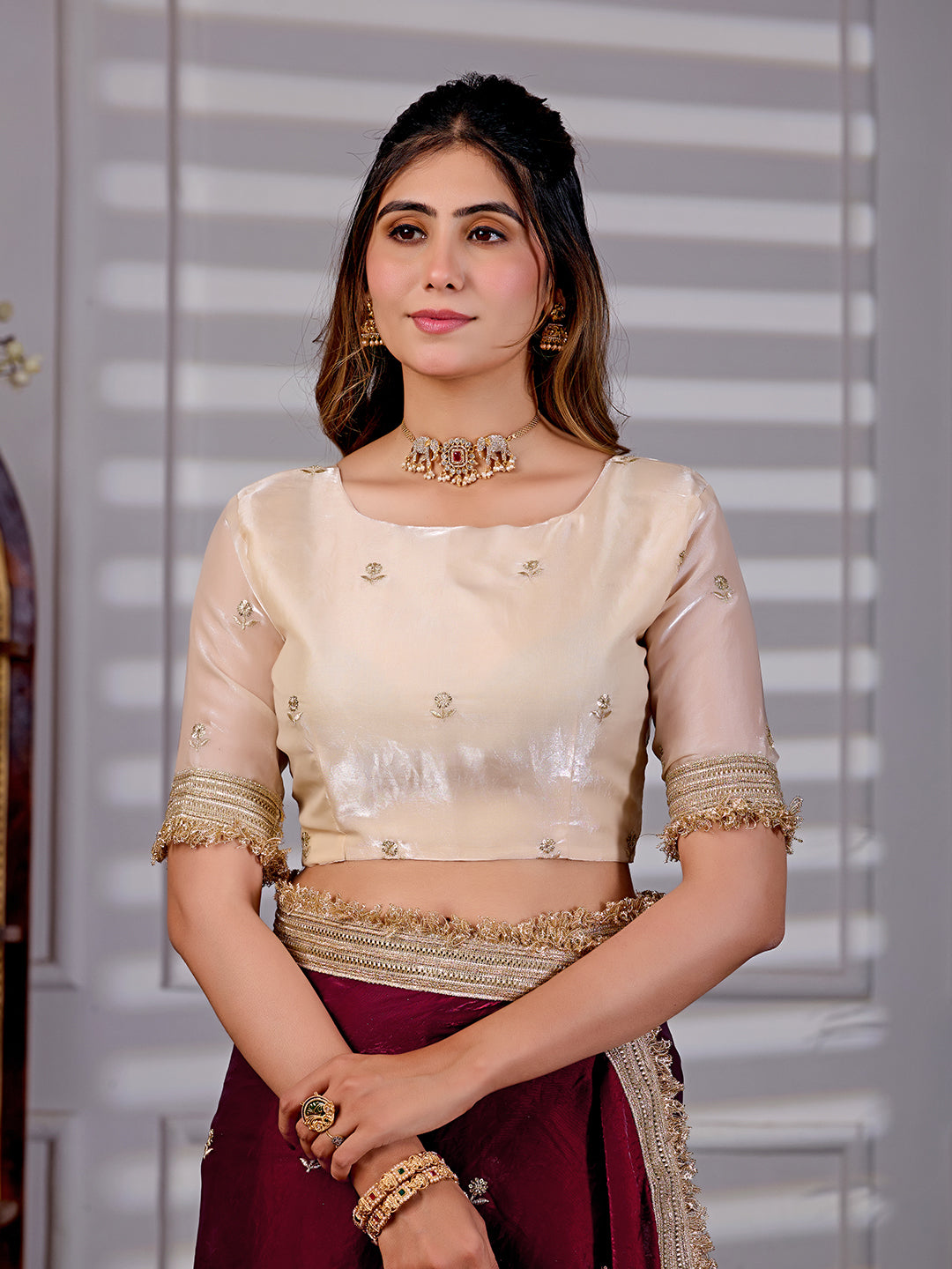 Maroon Satin Silk Bridal Wear Saree With Rich Embroidery