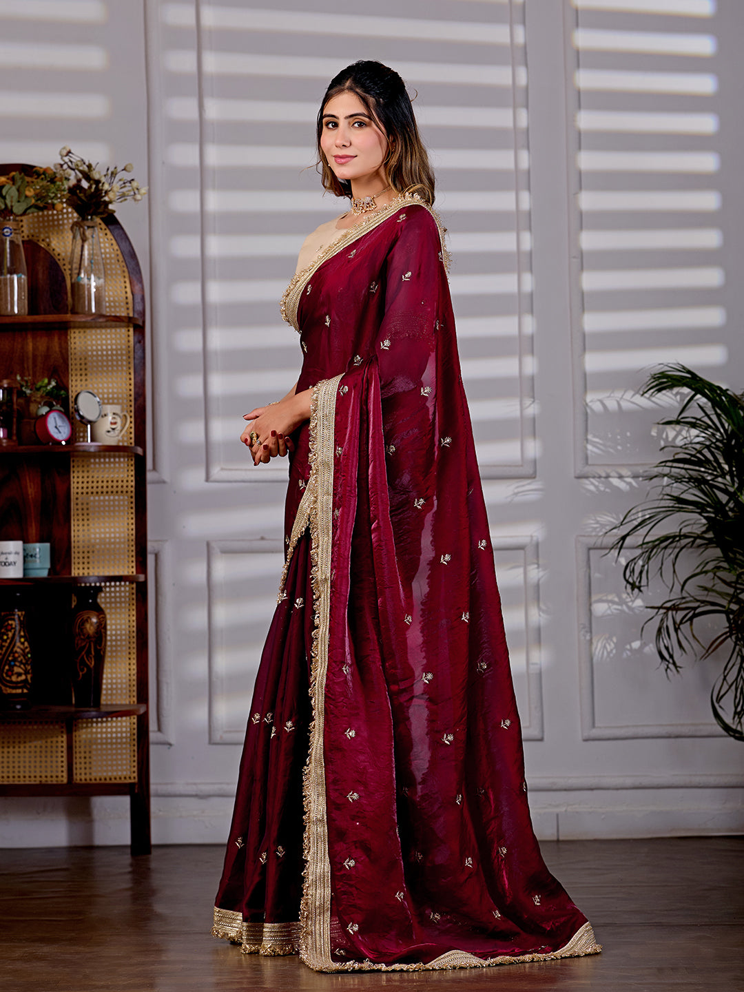 Maroon Satin Silk Bridal Wear Saree With Rich Embroidery