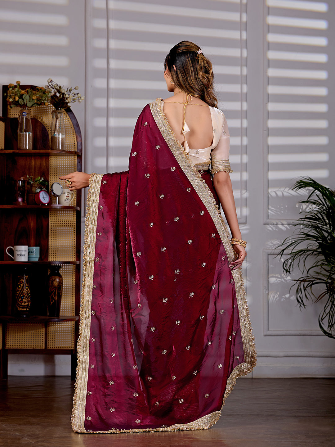 Maroon Satin Silk Bridal Wear Saree With Rich Embroidery