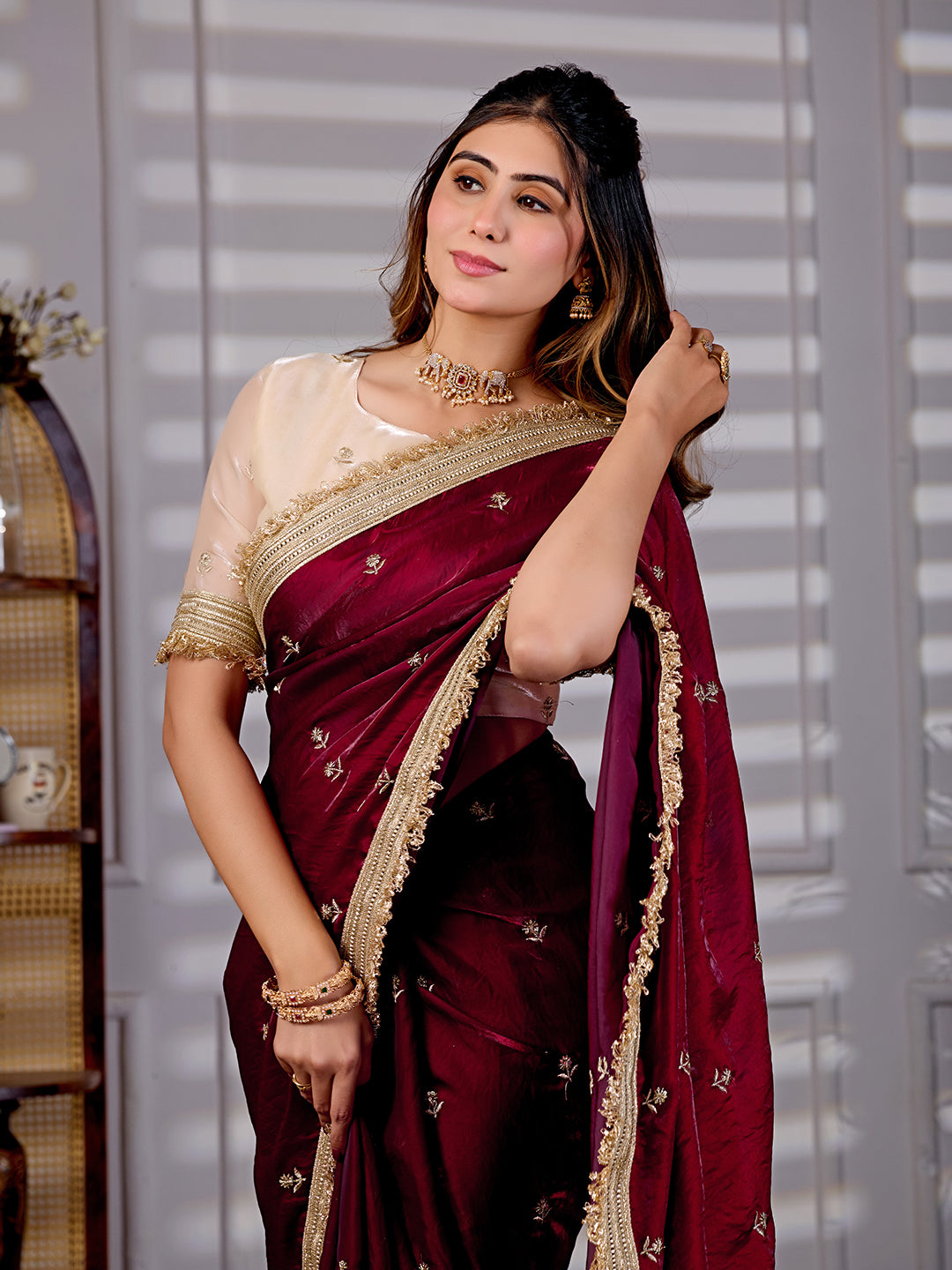 Maroon Satin Silk Bridal Wear Saree With Rich Embroidery