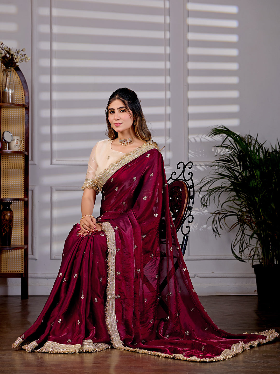 Maroon Satin Silk Bridal Wear Saree With Rich Embroidery