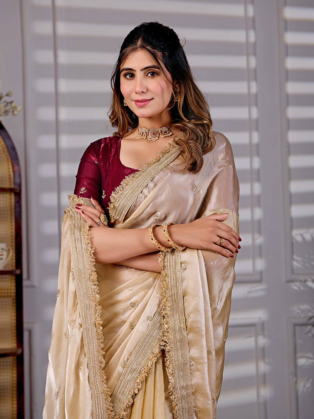 Golden Satin Silk Wedding Wear Saree With Heavy Embroidery