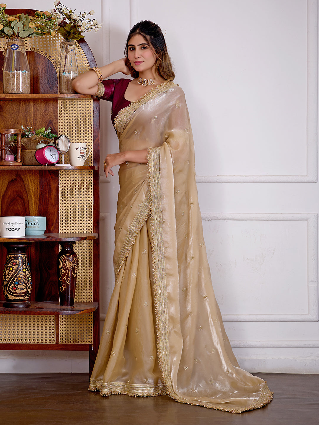 Golden Satin Silk Wedding Wear Saree With Heavy Embroidery
