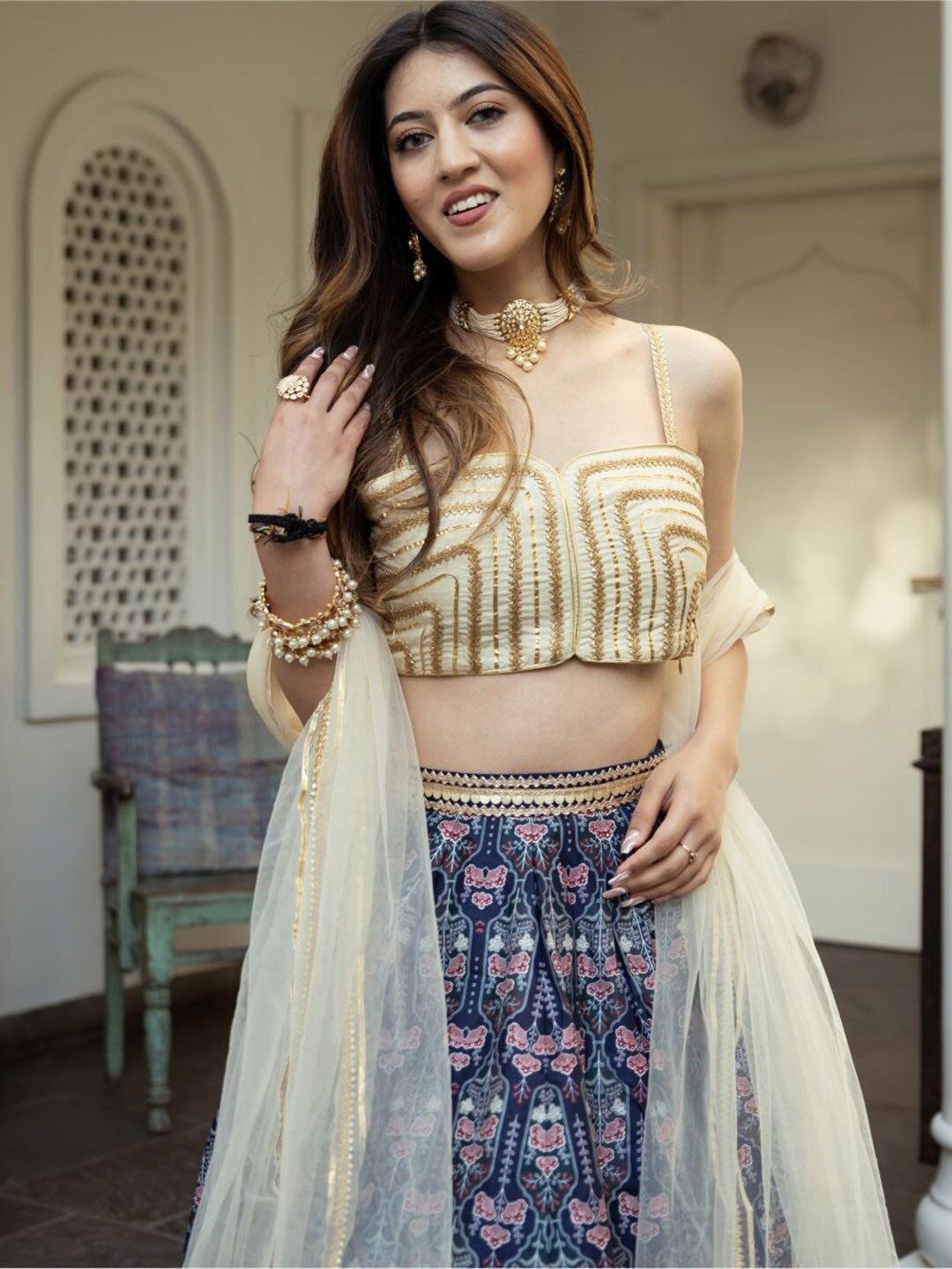 Blue Art Silk Lehenga Choli With Digital Print with Gota Patti Work