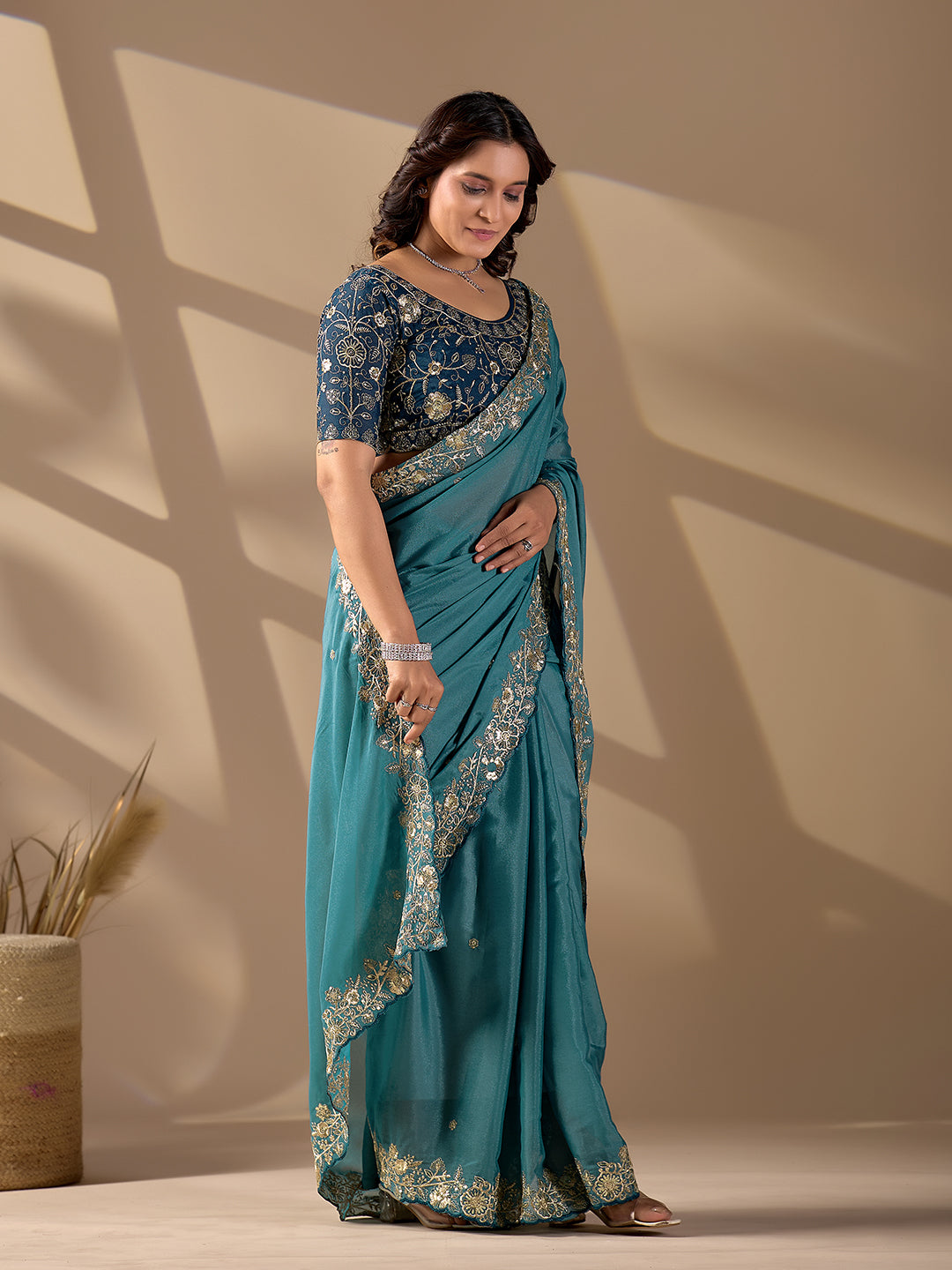 Teal Blue Rangoli Silk Designer Saree With Sequins Embroidery