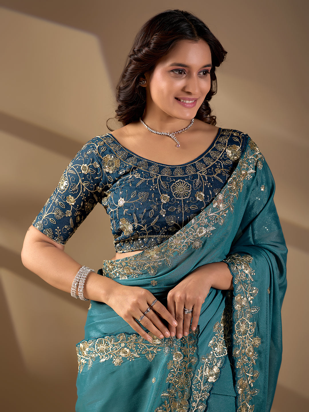 Teal Blue Rangoli Silk Designer Saree With Sequins Embroidery