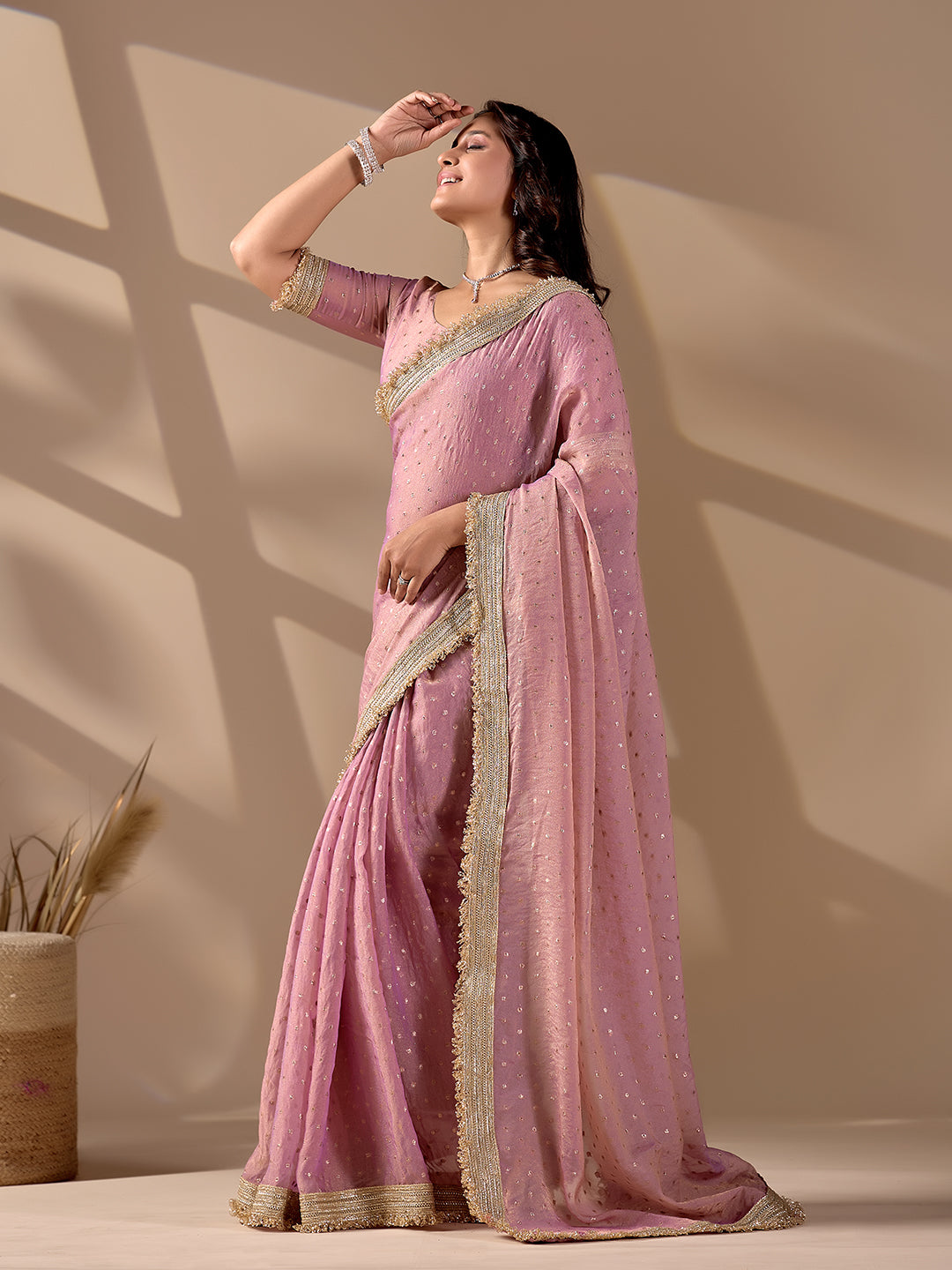 Peach Moss Satin Silk Designer Saree With Embroidery And Sequins Work