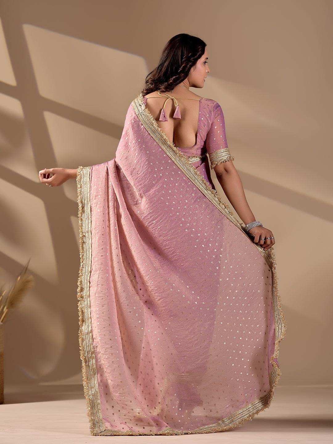 Peach Moss Satin Silk Designer Saree With Embroidery And Sequins Work
