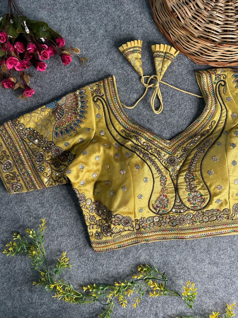 Antique Gold Peacock Embroidery Work Blouse – Heavy Work on Back & Sleeves