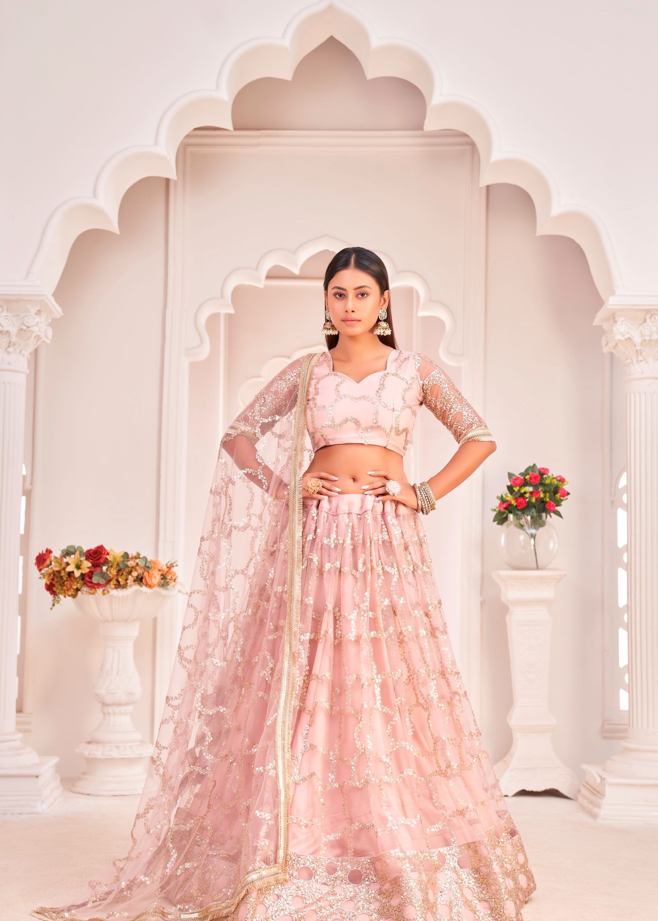 BabyPink Butterfly Net Lehenga Choli With Thread And Zari Sandwich Sequence Embroidery Work