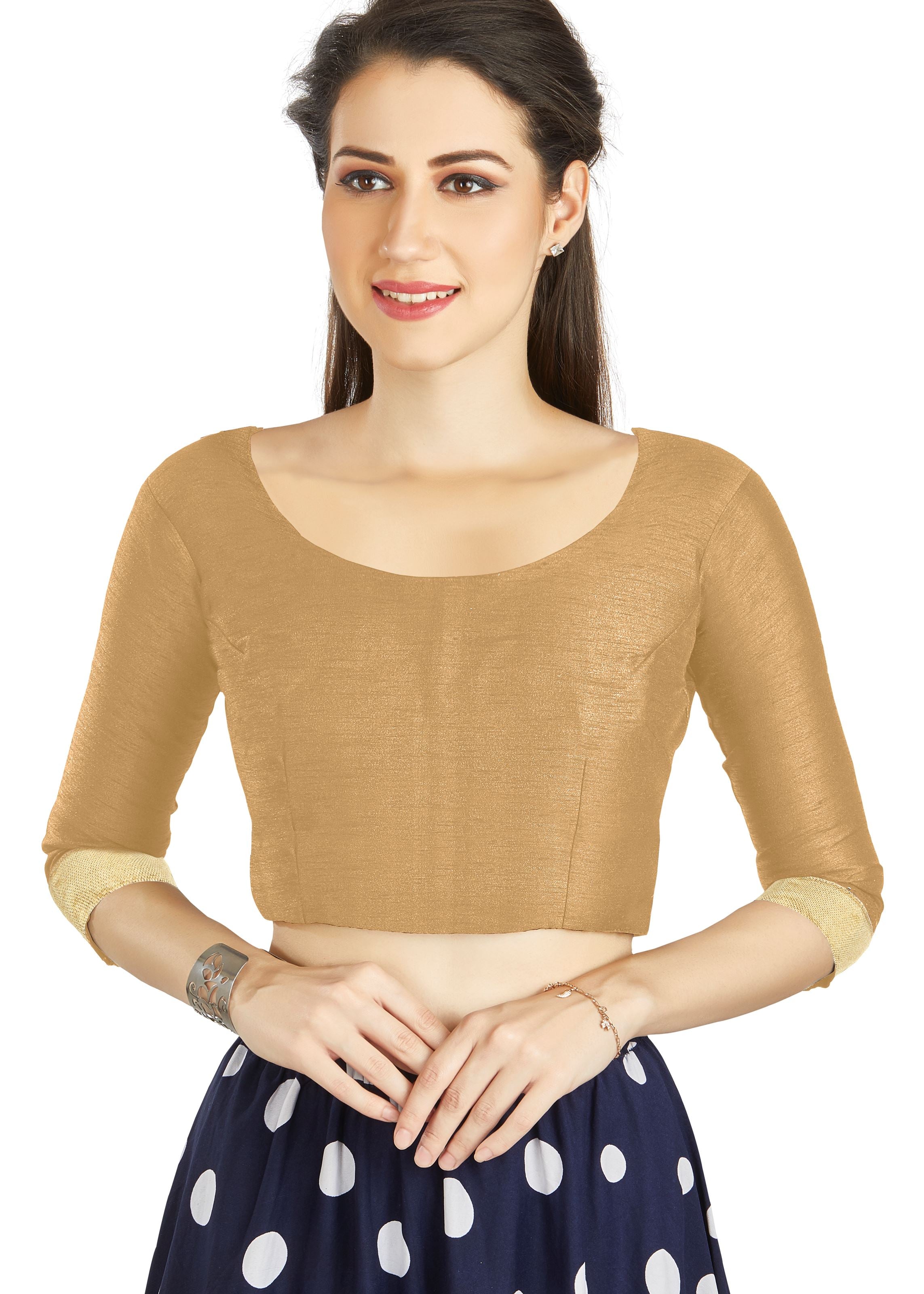 Beige Art silk U Neck Blouse With Matty Work In Sleeve