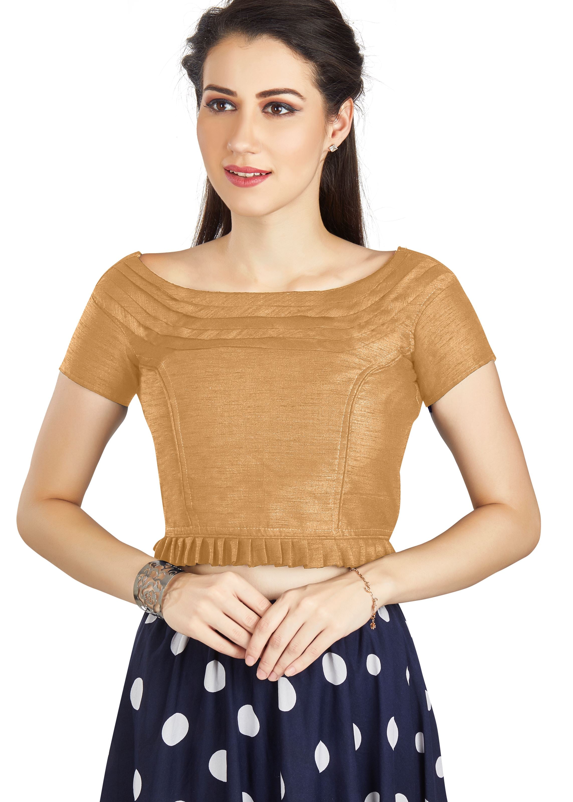 Beige Art Silk Pleated Boat Neck  Blouse With Princece Blouse