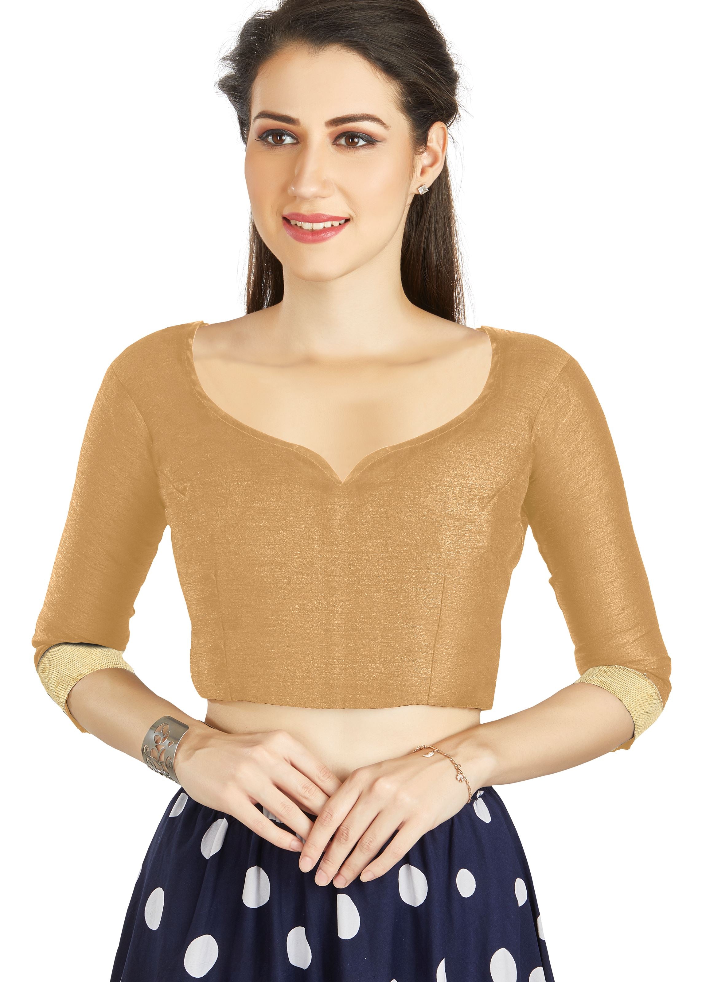 Beige Art Silk Sweet Heart Neck style Blouse With Matty in Sleeves