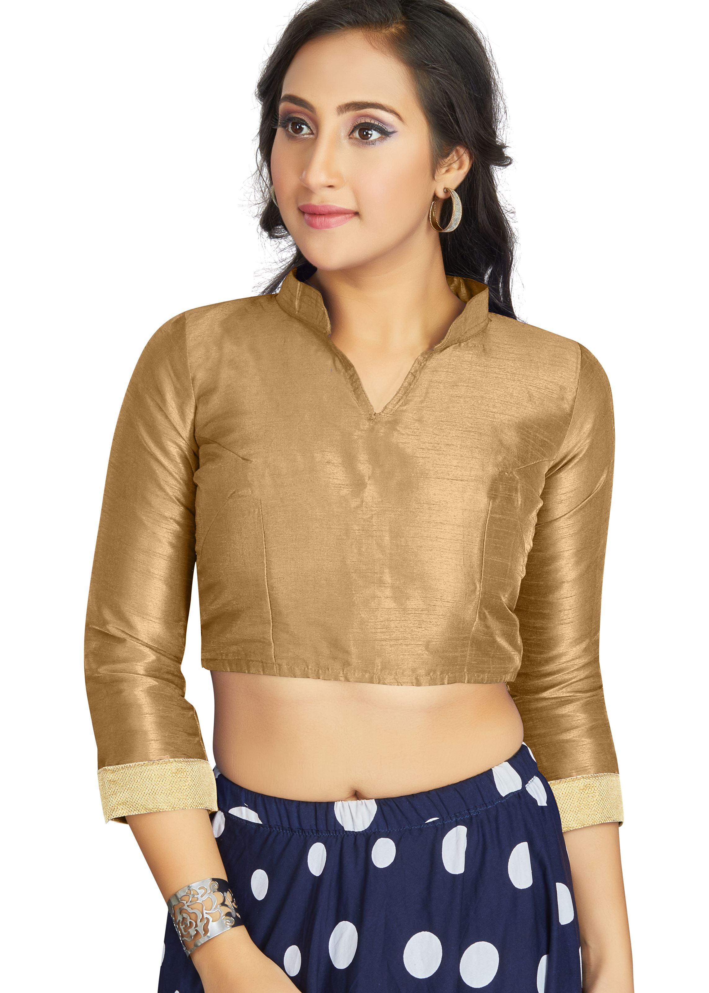 Beige Art Silk V Neck Chinese Collar Blouse With Matty In Sleeve