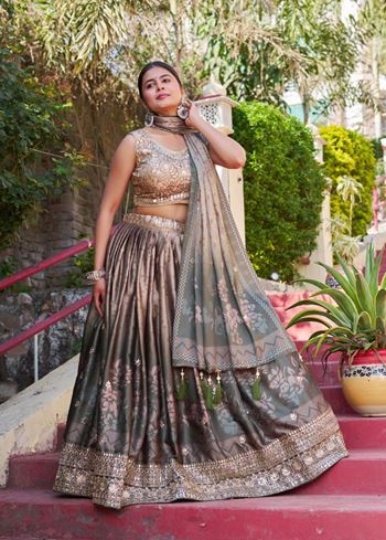 Beige Lehenga Choli With Maslin With Digital Print and Embroidery Work