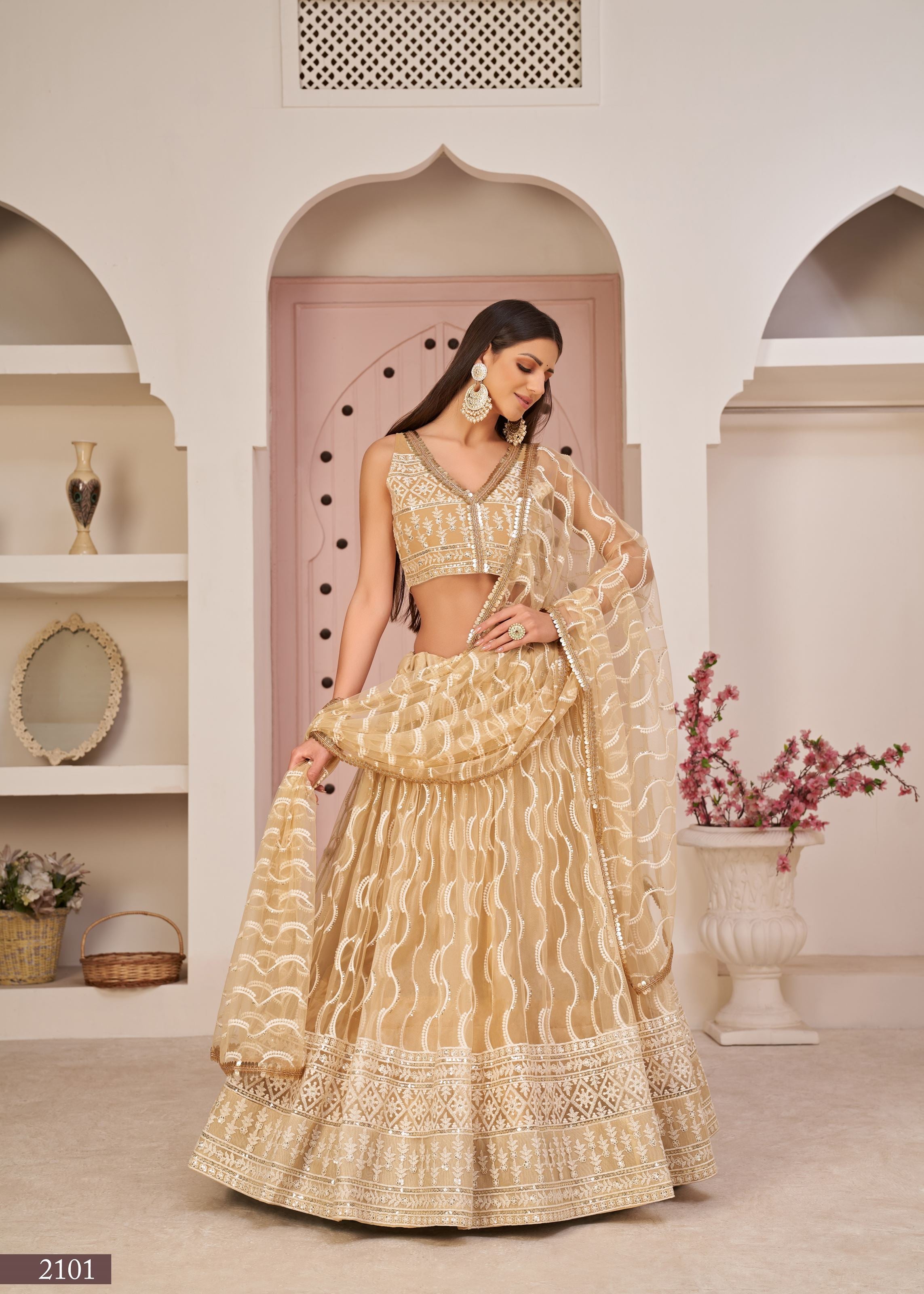 Beige Net Lehenga Choli With Thread Embroidery Work