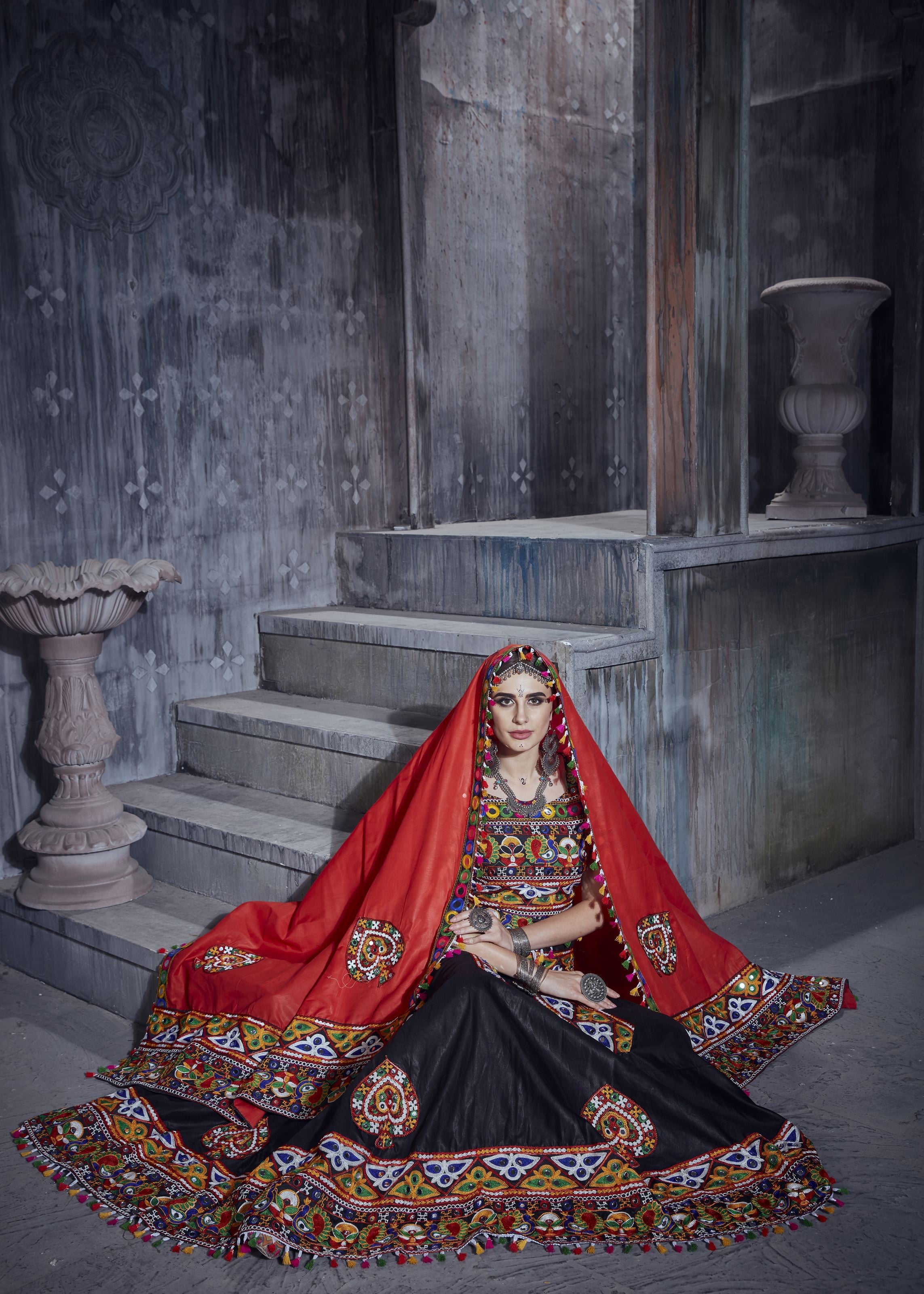 Black And Royal Blue Navratri Chaniya Choli With Gamthi Lace Work With Mirror Work