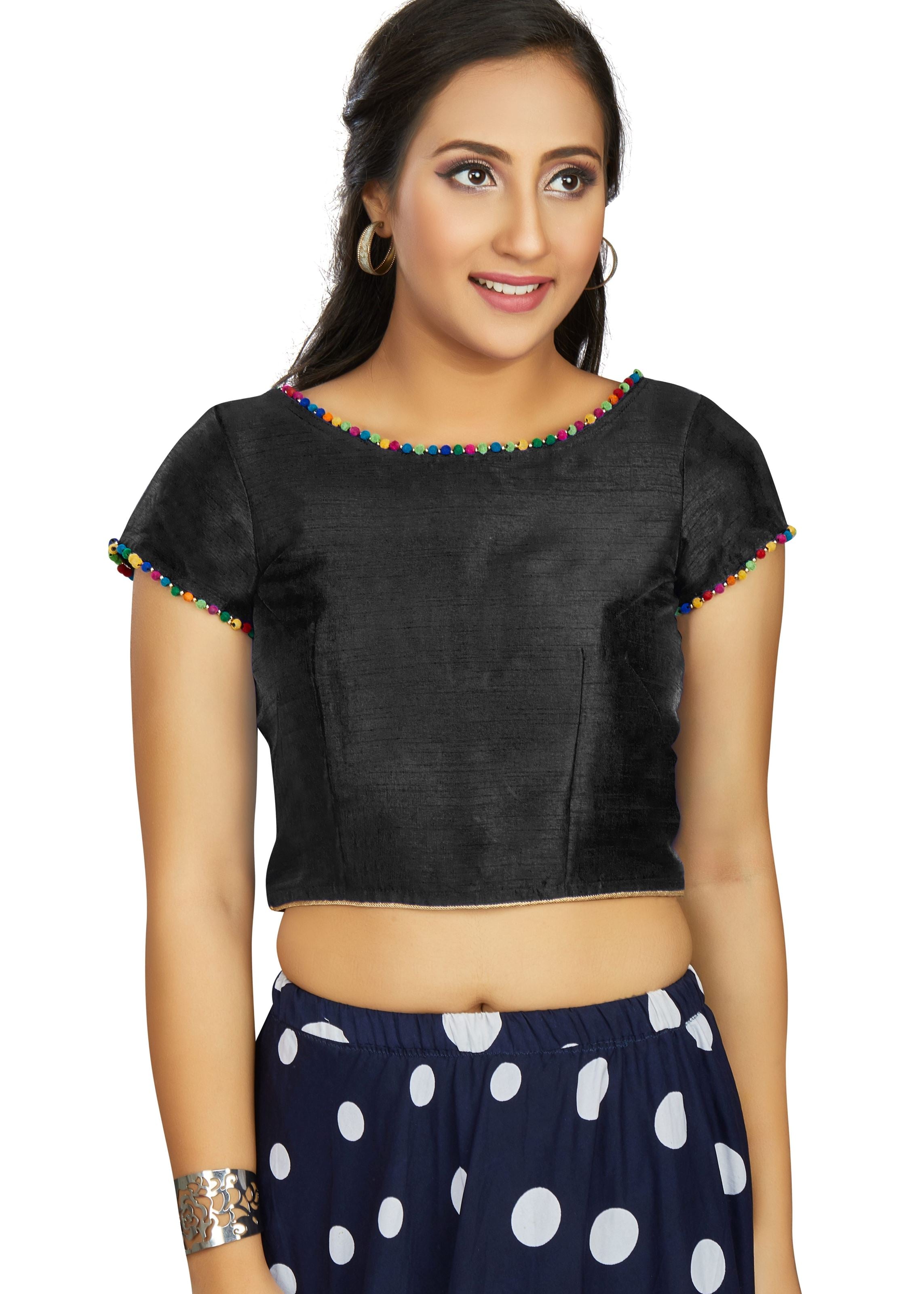 Black Art Silk Boat Neck Plain Blouse