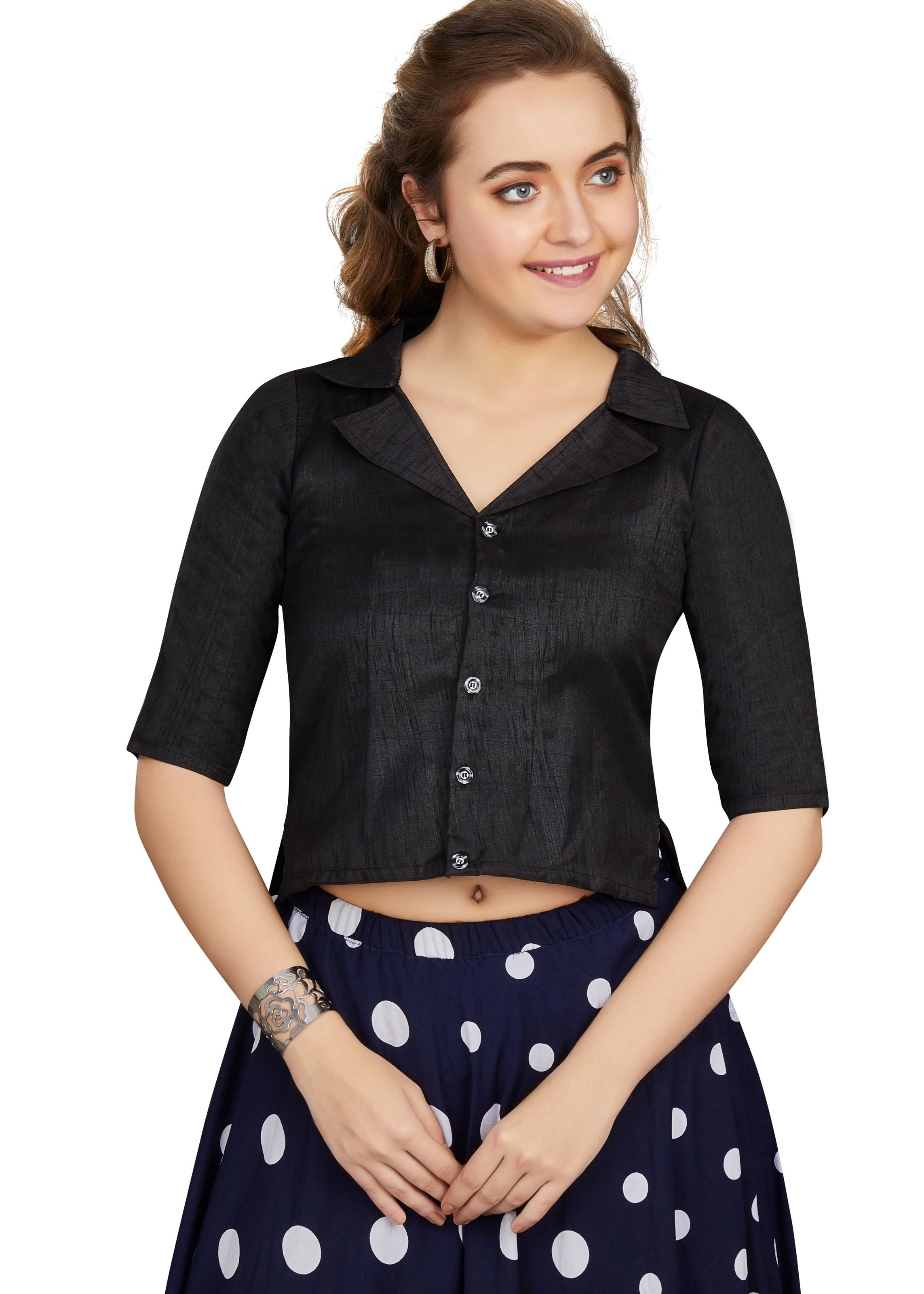 Black Art Silk Collar Neck Plain Blouse